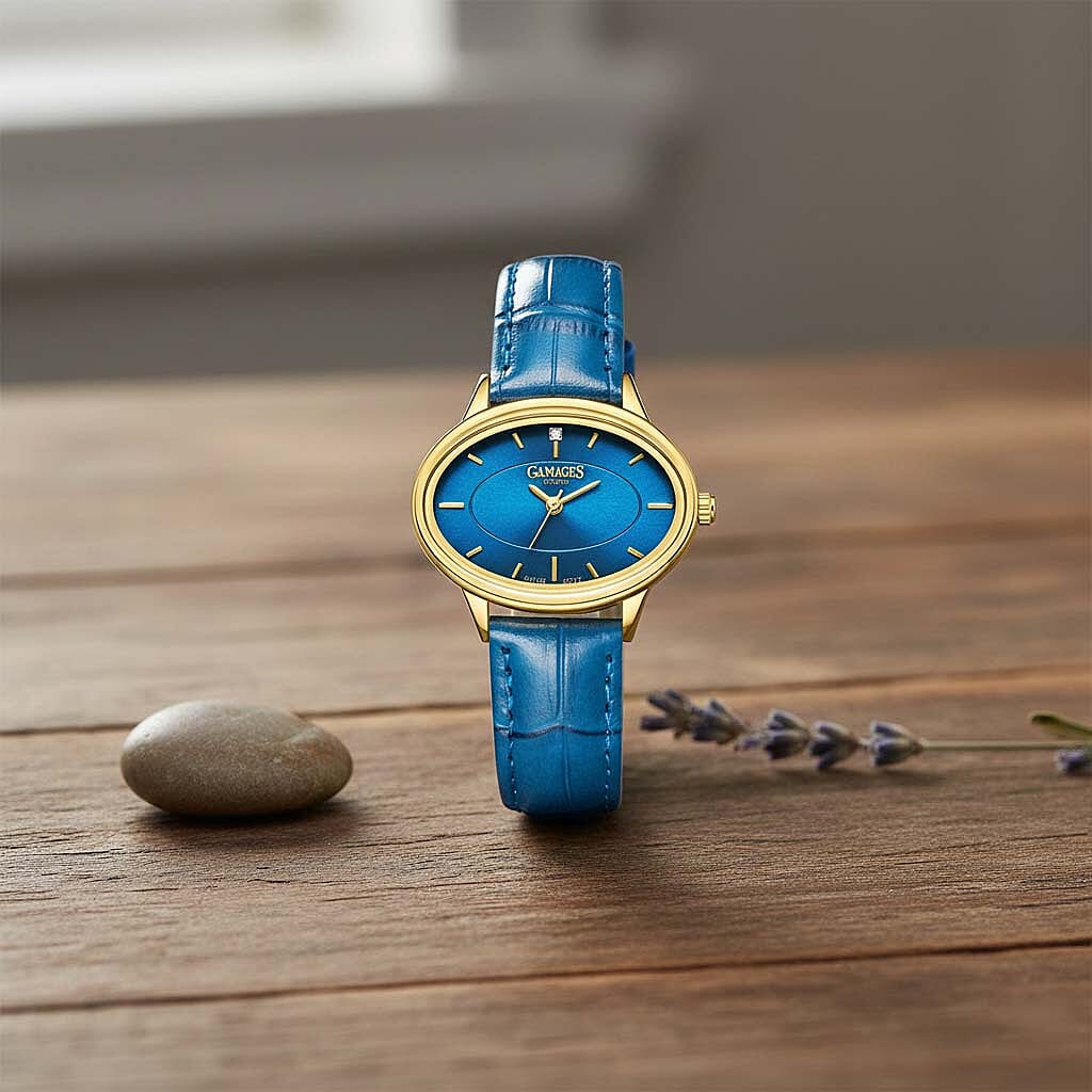 GAMAGES OF LONDON Limited Edition Hand Assembled Swiss Quartz Movement Serene Diamond Blue Dial Ladies Watch with Leather Strap in Gold Blue V32580633 1