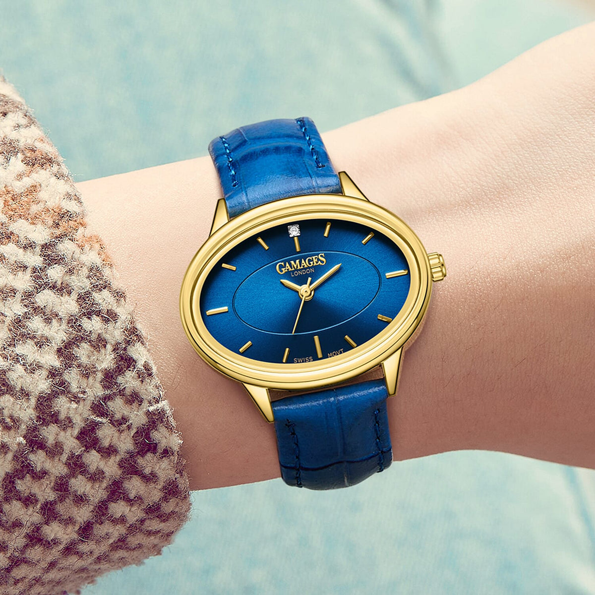 GAMAGES OF LONDON Limited Edition Hand Assembled Swiss Quartz Movement Serene Diamond Blue Dial Ladies Watch with Leather Strap in Gold Blue V32580633 2