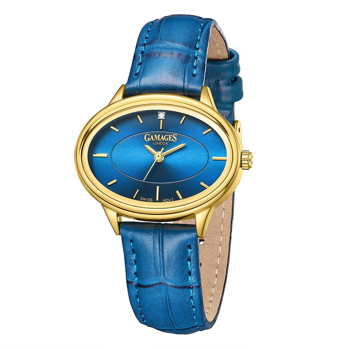 GAMAGES OF LONDON Limited Edition Hand Assembled Swiss Quartz Movement Serene Diamond Blue Dial Ladies Watch with Leather Strap in Gold Blue V32580633 3