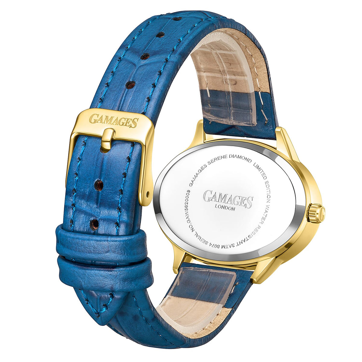 GAMAGES OF LONDON Limited Edition Hand Assembled Swiss Quartz Movement Serene Diamond Blue Dial Ladies Watch with Leather Strap in Gold Blue V32580633 4
