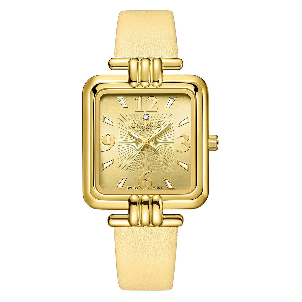 GAMAGES OF LONDON Limited Edition Mermaid Diamond Swiss Quartz Movement, Water Resistant Ladies Watch in Gold Dial and Gold Leather Strap