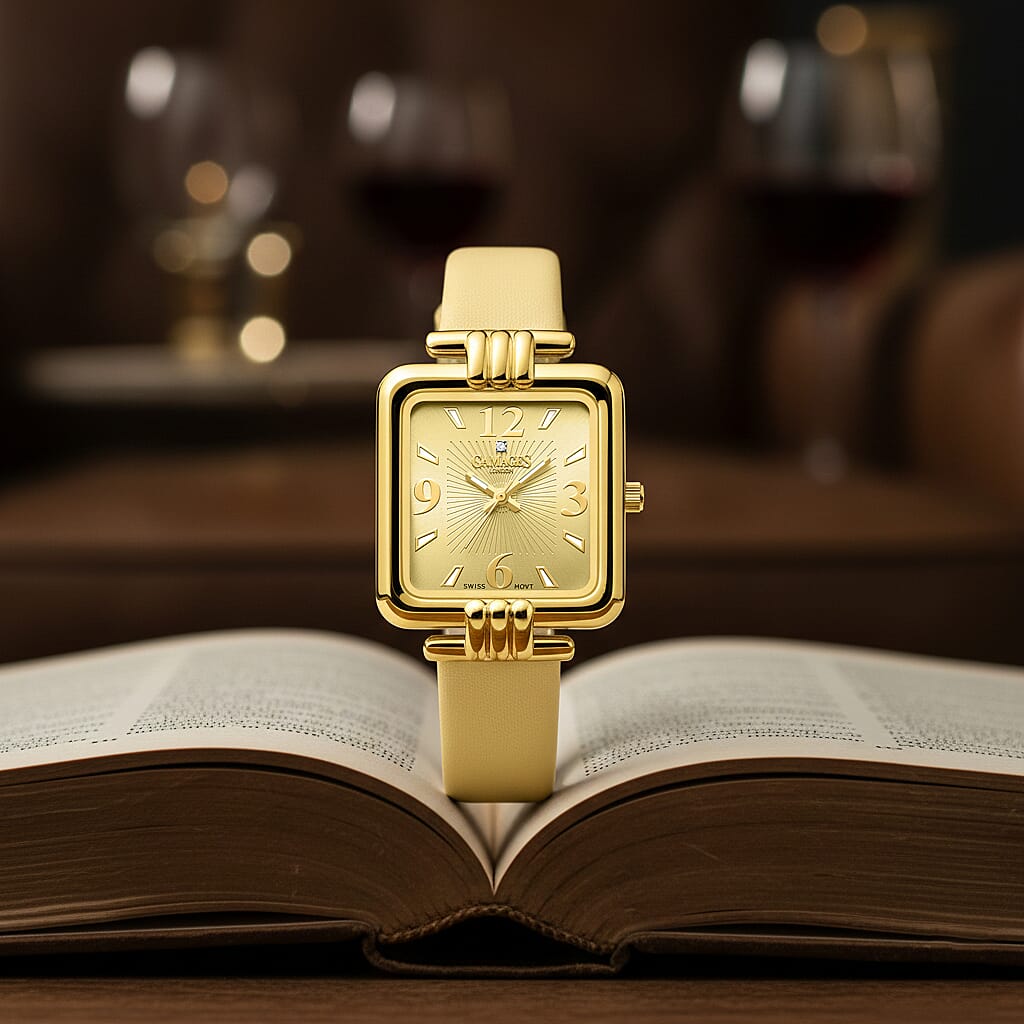 GAMAGES OF LONDON Limited Edition Mermaid Diamond Swiss Quartz Movement, Water Resistant Ladies Watch in Gold Dial and Gold Leather Strap 7384810 1