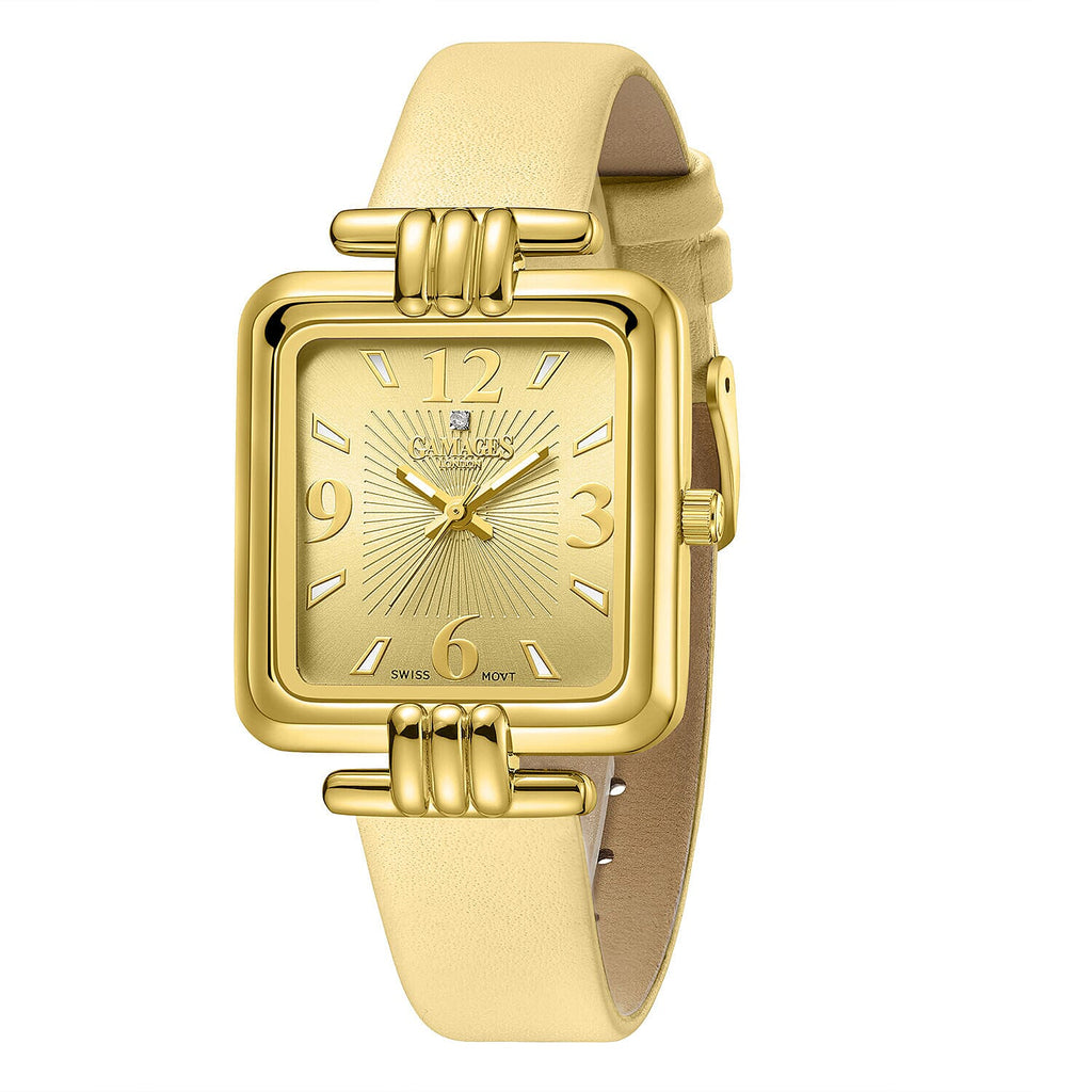 GAMAGES OF LONDON Limited Edition Mermaid Diamond Swiss Quartz Movement, Water Resistant Ladies Watch in Gold Dial and Gold Leather Strap