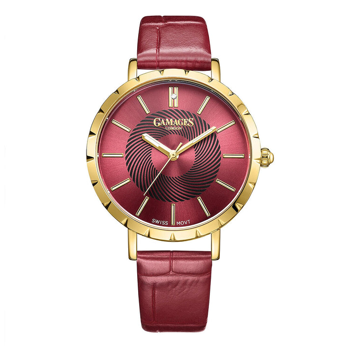 GAMAGES OF LONDON Limited Edition Radiant Diamond Swiss Movement Raspberry Gold Dial Water Resistant Watch with Raspberry Leather Strap 7270475 1