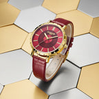 GAMAGES OF LONDON Limited Edition Radiant Diamond Swiss Movement Raspberry Gold Dial Water Resistant Watch with Raspberry Leather Strap