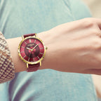 GAMAGES OF LONDON Limited Edition Radiant Diamond Swiss Movement Raspberry Gold Dial Water Resistant Watch with Raspberry Leather Strap