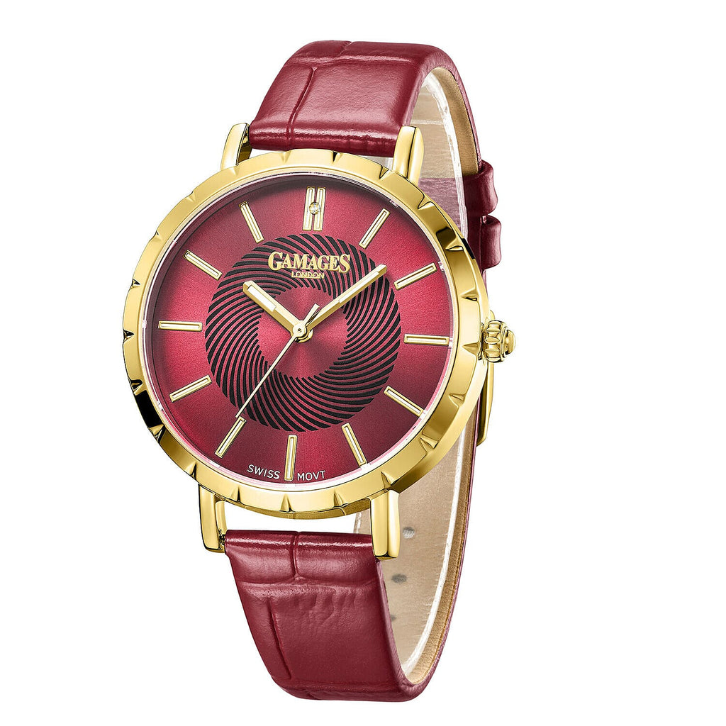 GAMAGES OF LONDON Limited Edition Radiant Diamond Swiss Movement Raspberry Gold Dial Water Resistant Watch with Raspberry Leather Strap