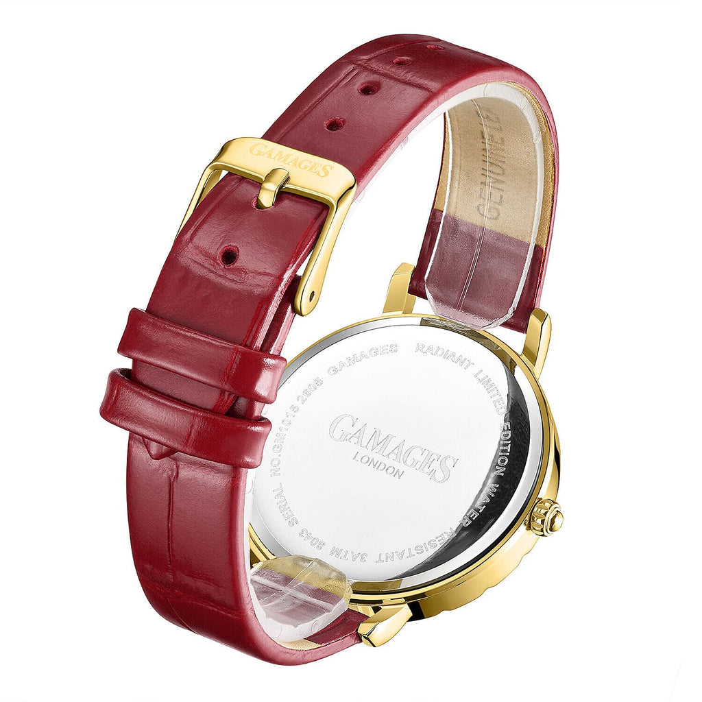 GAMAGES OF LONDON Limited Edition Radiant Diamond Swiss Movement Raspberry Gold Dial Water Resistant Watch with Raspberry Leather Strap