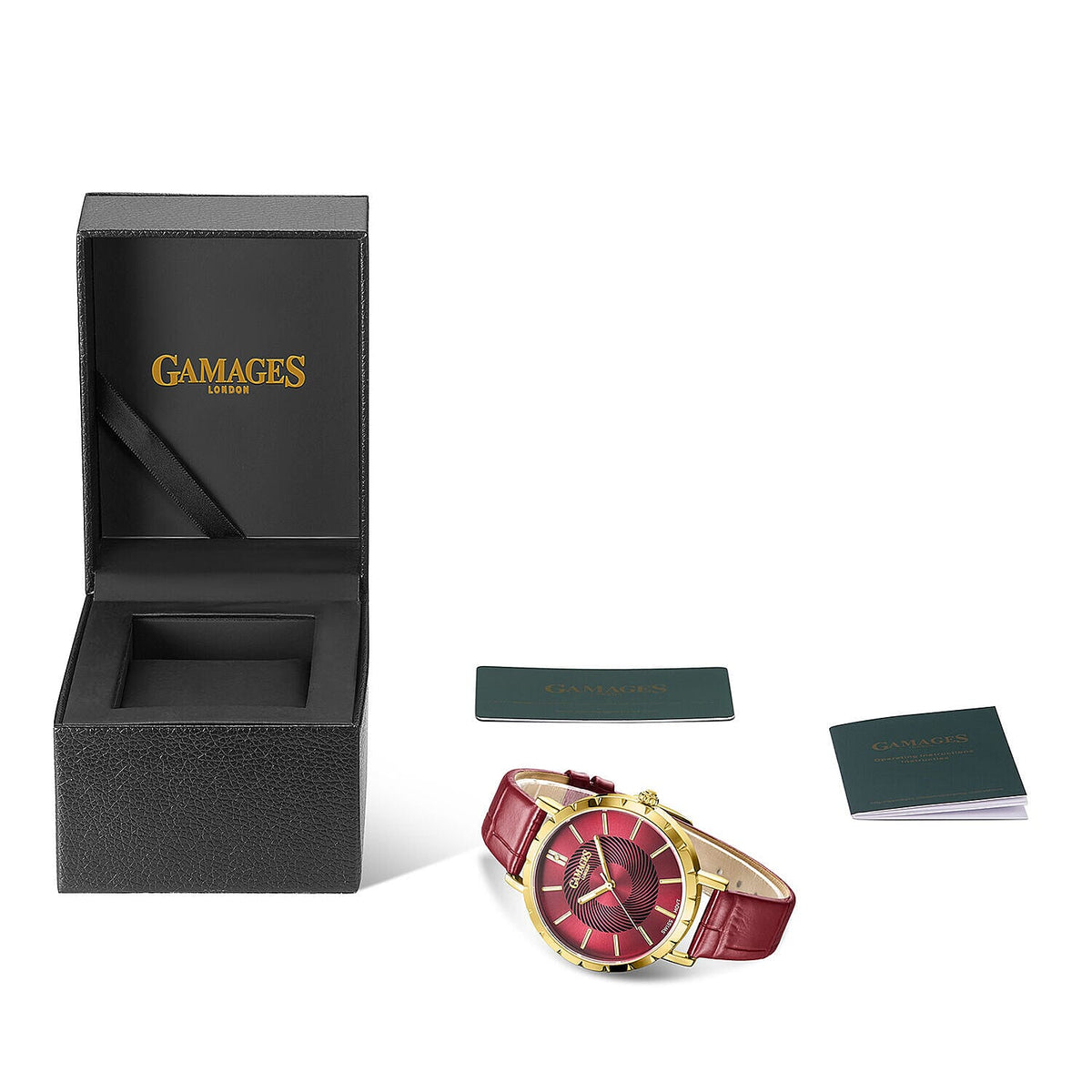 GAMAGES OF LONDON Limited Edition Radiant Diamond Swiss Movement Raspberry Gold Dial Water Resistant Watch with Raspberry Leather Strap 7270475 5