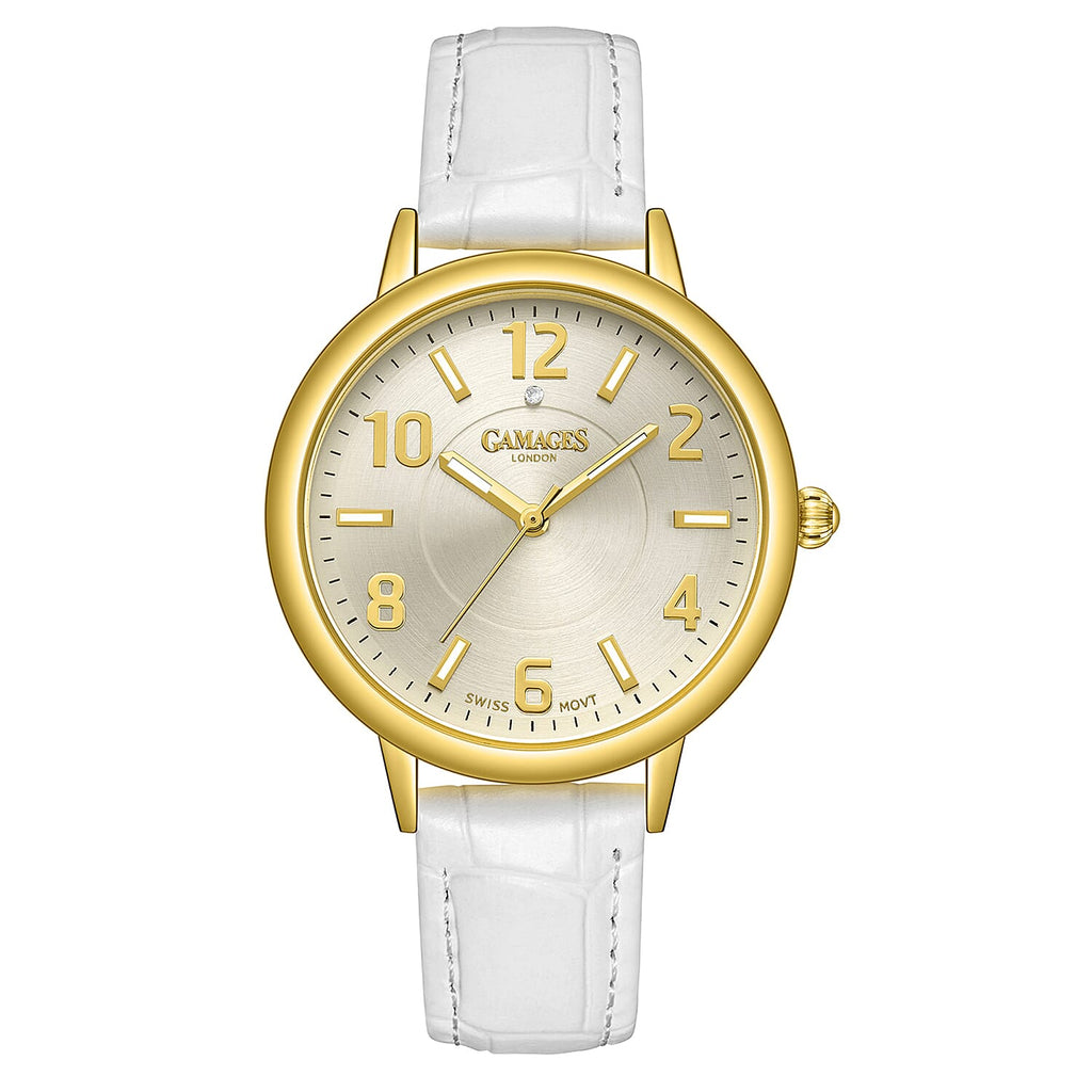 GAMAGES OF LONDON Mantua Diamond Swiss Quartz Movement Water Resistant Ladies Watch with Bone White Leather Strap