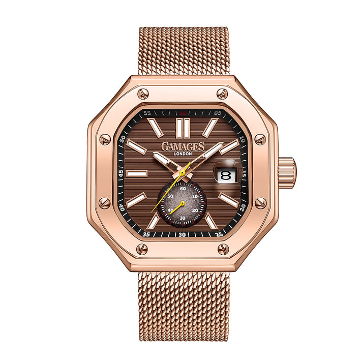 GAMAGES OF LONDON Octave Automatic Movement Brown Dial Water Resistant Watch with Rose Gold Colour Mesh Bracelet 7132923 1