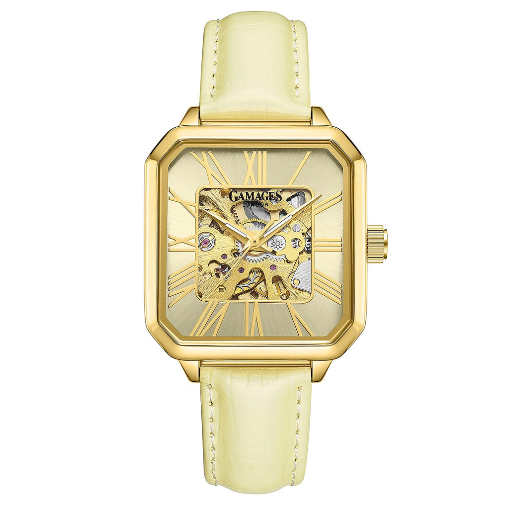 Gamages Of London Skeleton Oasis Ladies Automatic Movement Gold Dial Water Resistant Watch with Gold Leather Strap