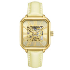 Gamages Of London Skeleton Oasis Ladies Automatic Movement Gold Dial Water Resistant Watch with Gold Leather Strap