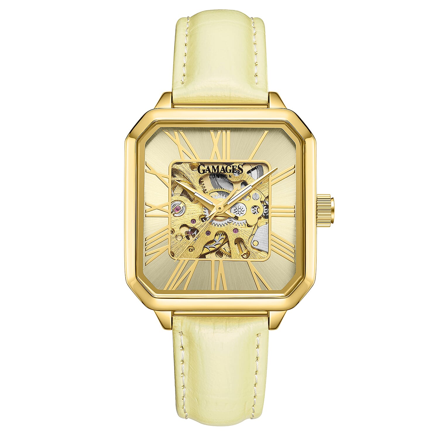 GAMAGES OF LONDON Skeleton Oasis Ladies Automatic Movement Gold Dial Water Resistant Watch with Gold Leather Strap 8892647 0
