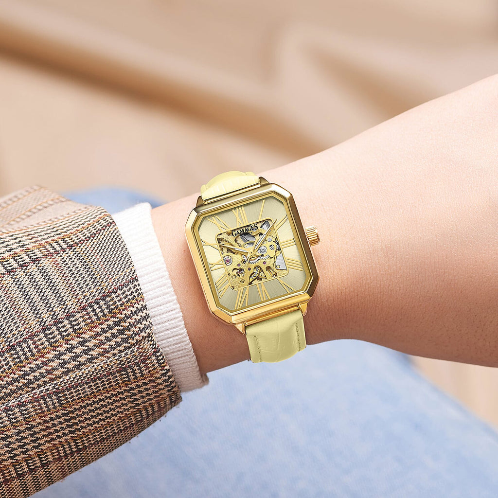 Gamages Of London Skeleton Oasis Ladies Automatic Movement Gold Dial Water Resistant Watch with Gold Leather Strap
