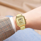 Gamages Of London Skeleton Oasis Ladies Automatic Movement Gold Dial Water Resistant Watch with Gold Leather Strap
