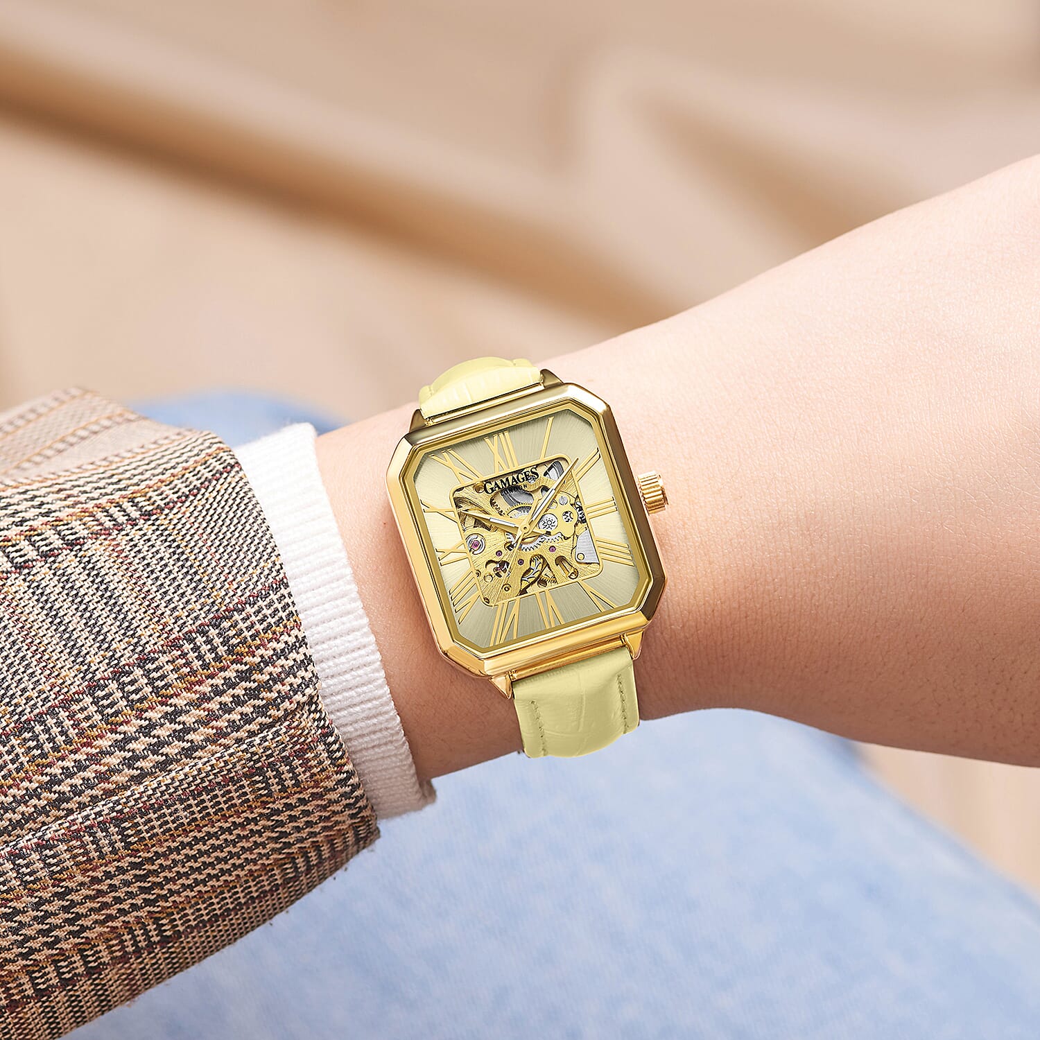 GAMAGES OF LONDON Skeleton Oasis Ladies Automatic Movement Gold Dial Water Resistant Watch with Gold Leather Strap 8892647 1