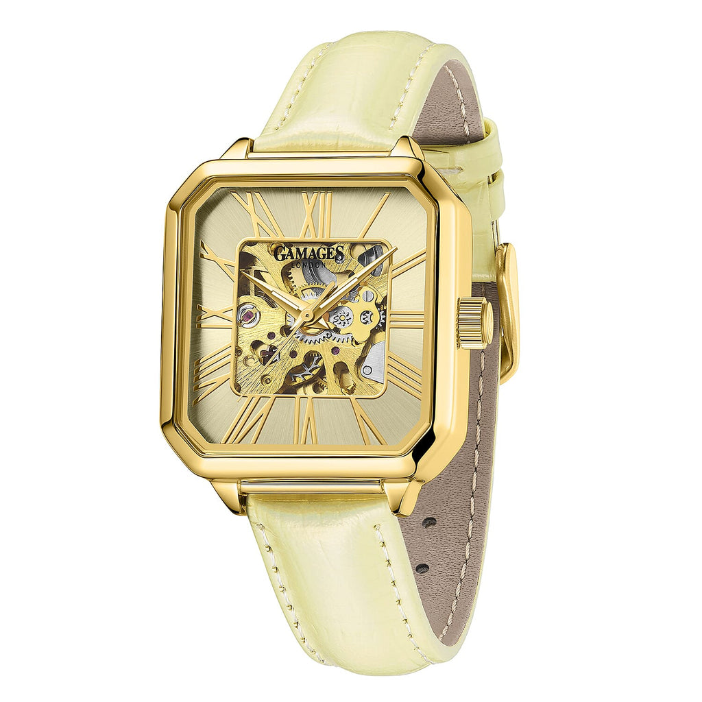 Gamages Of London Skeleton Oasis Ladies Automatic Movement Gold Dial Water Resistant Watch with Gold Leather Strap