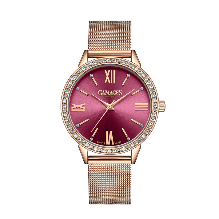 GAMAGES OF LONDON Swiss Movement Midnight Pink Dial Water Resistant Watch in Rose Gold Tone 7839858 1