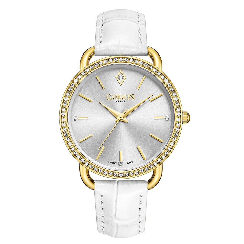 GAMAGES OF LONDON Ladies Symphony Swiss Quartz Movement White Dial Water Resistant Watch with White Colour Strap