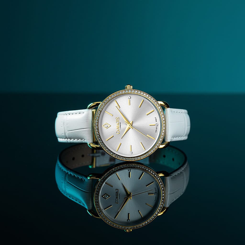 GAMAGES OF LONDON Ladies Symphony Swiss Quartz Movement White Dial Water Resistant Watch with White Colour Strap