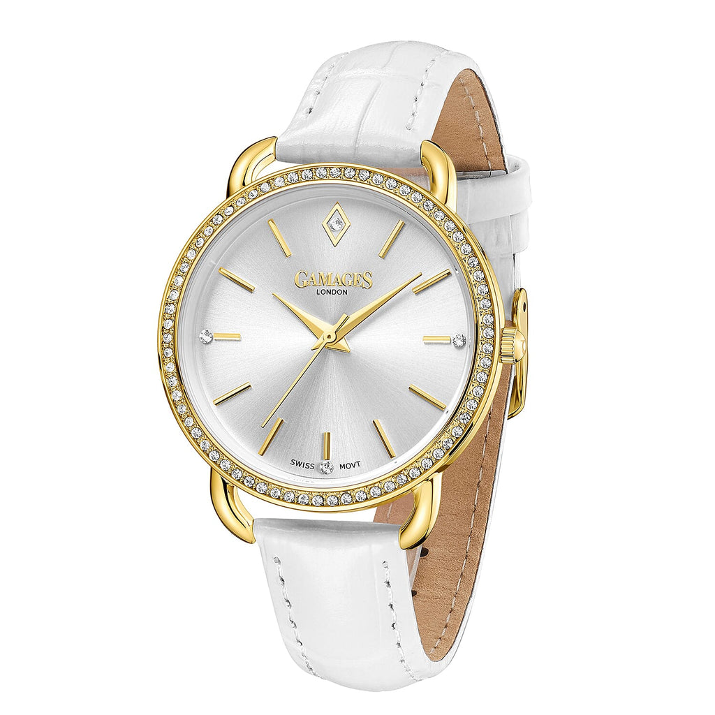 GAMAGES OF LONDON Ladies Symphony Swiss Quartz Movement White Dial Water Resistant Watch with White Colour Strap