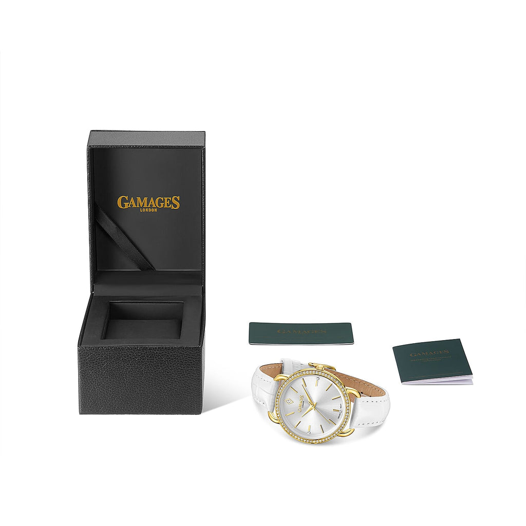 GAMAGES OF LONDON Ladies Symphony Swiss Quartz Movement White Dial Water Resistant Watch with White Colour Strap