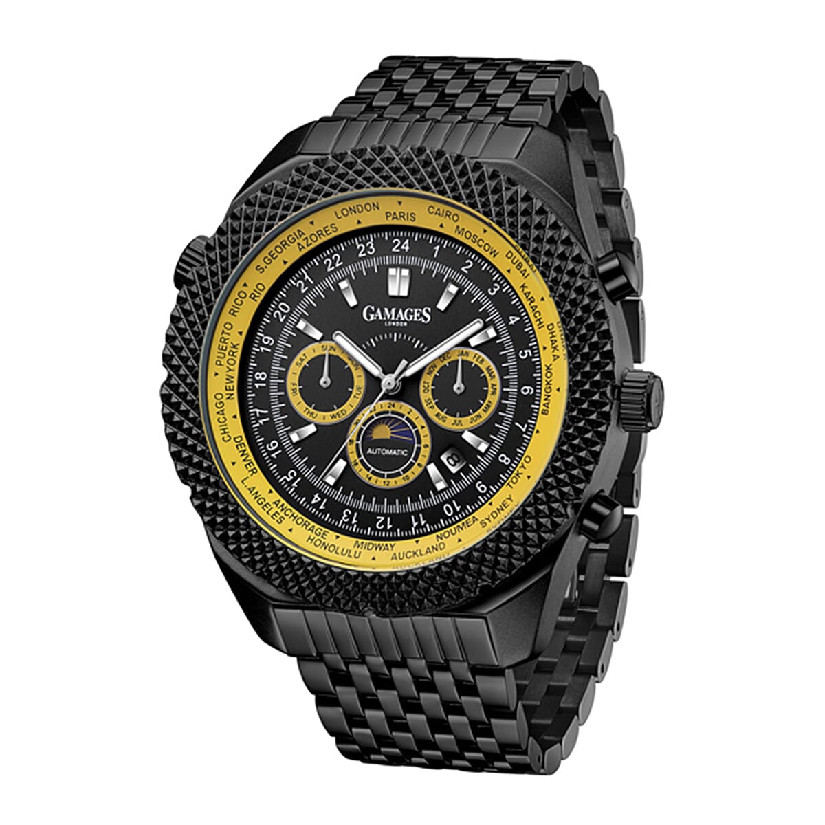 GAMAGES OF LONDON World Timer Venture Automatic Movement Black Dial Water Resistant Watch with Black Colour Chain Strap 6295188 1