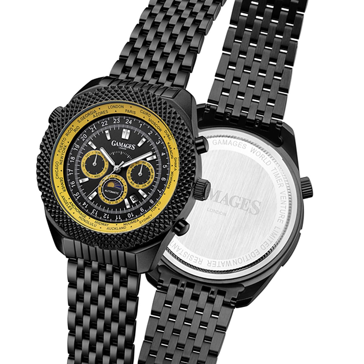 GAMAGES OF LONDON World Timer Venture Automatic Movement Black Dial Water Resistant Watch with Black Colour Chain Strap 6295188 4