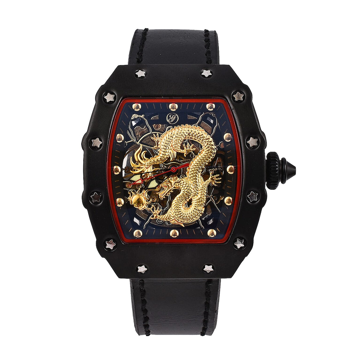 GENOA Automatic Mechanical Movement 3 ATM Water Resistant Watch with Golden Dragon Pattern Dial and Black Leather Strap - Black 6921525 0