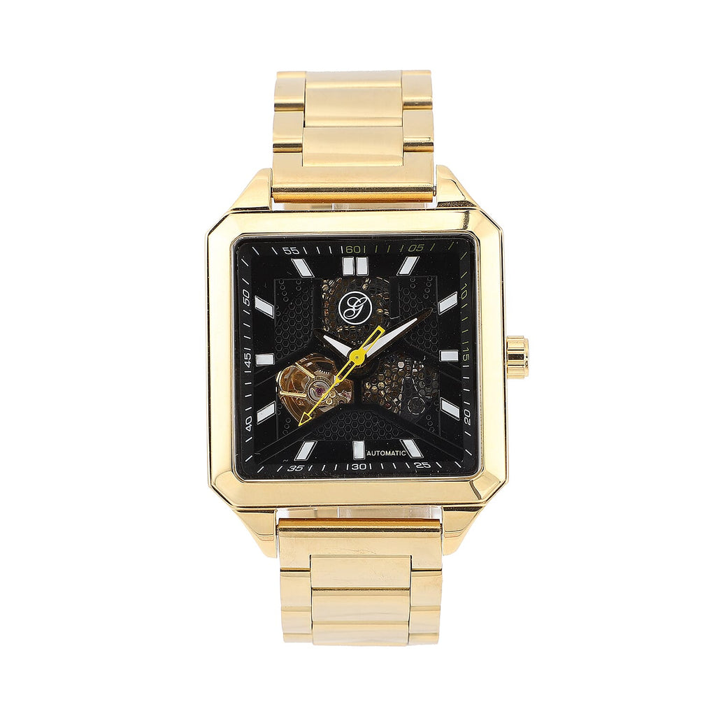 Close Out Deal - GENOA Automatic Movement 5 ATM Water Resistant Watch with Chain Strap and Butterfly Buckle Clasp in Gold Tone with 40x40 mm case