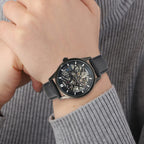 GENOA Automatic Movement Black Dial Pink Crystal Studded 5 ATM Water Resistant Watch with Black Leather Strap