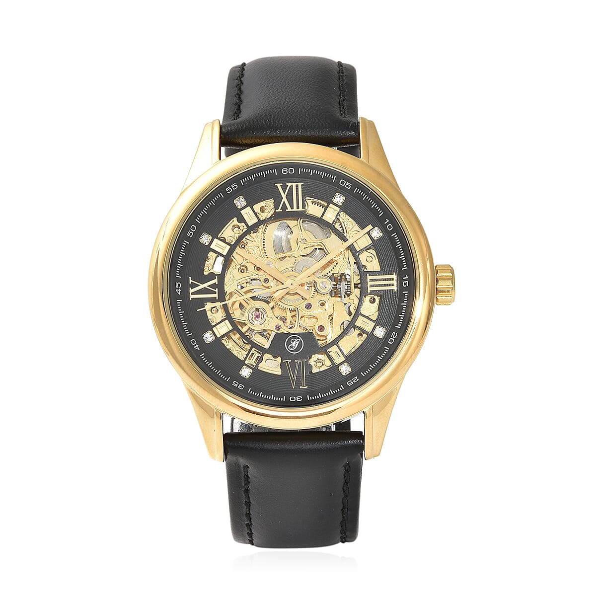 GENOA Automatic Movement Black Dial Yellow Gold Case Crystal Studded 5 ATM Water Resistant Watch with Black Leather Strap 7086848 0