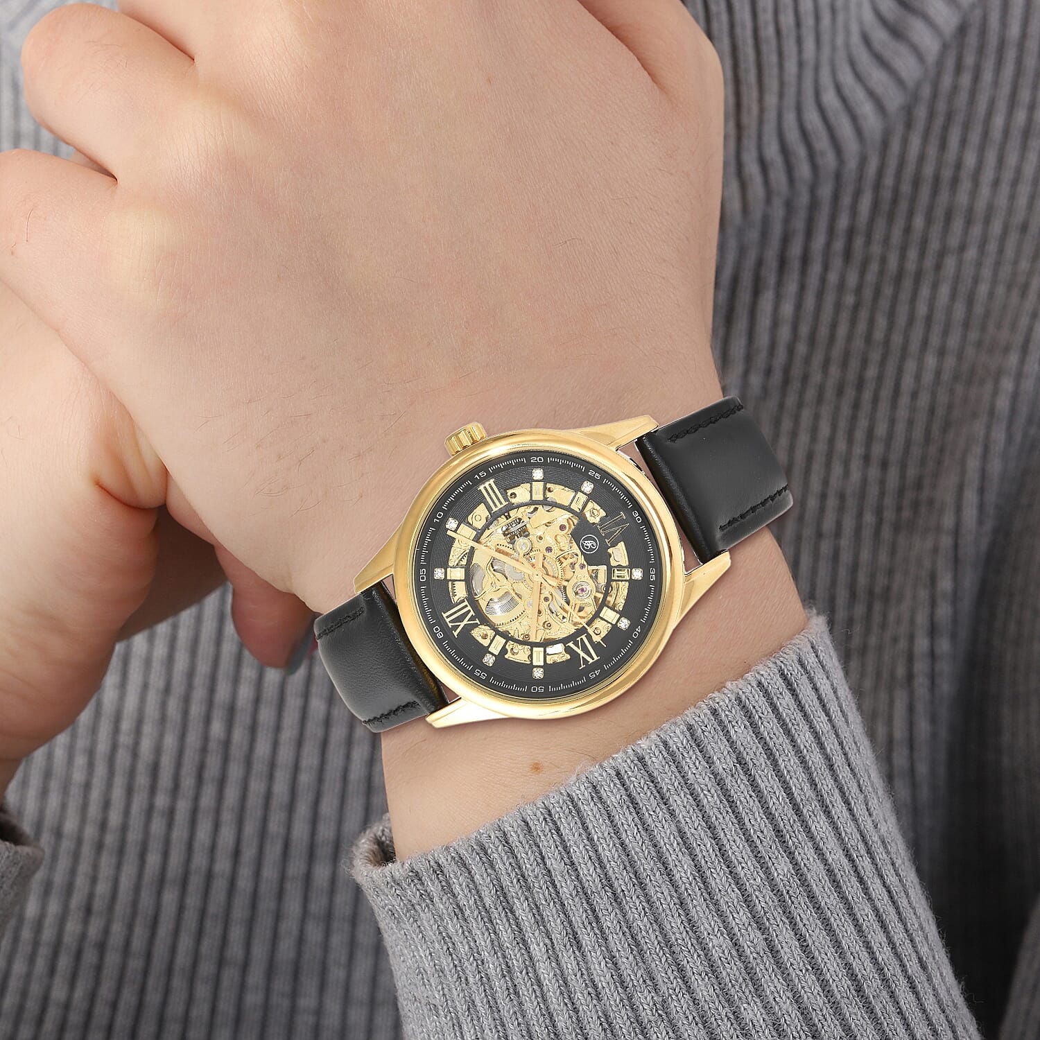 GENOA Automatic Movement Black Dial Yellow Gold Case Crystal Studded 5 ATM Water Resistant Watch with Black Leather Strap 7086848 1