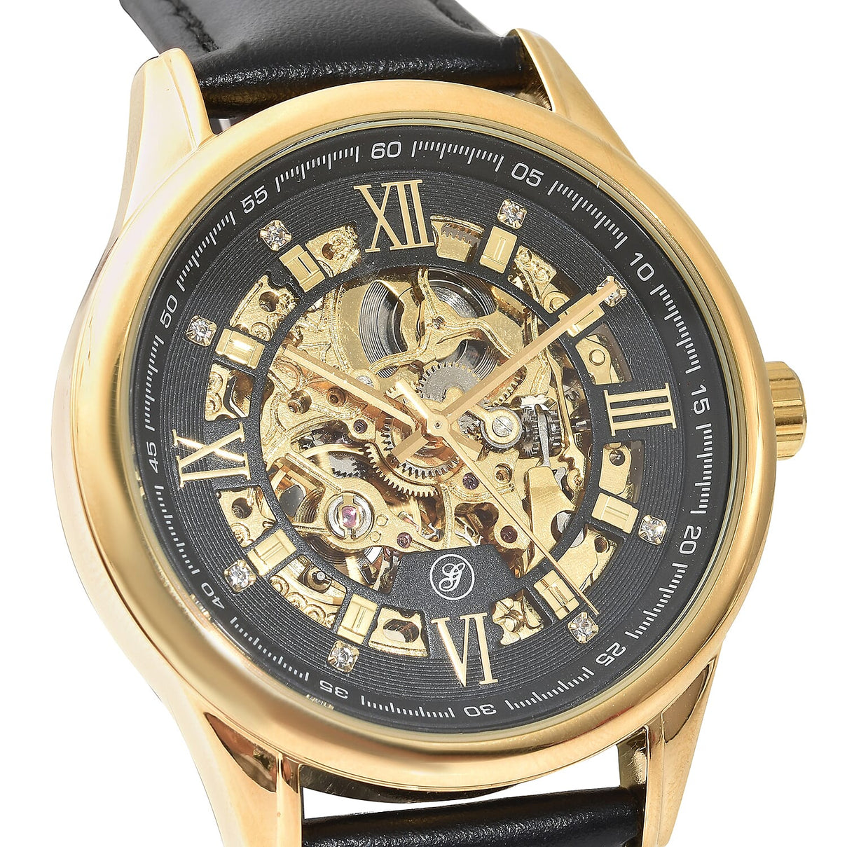 GENOA Automatic Movement Black Dial Yellow Gold Case Crystal Studded 5 ATM Water Resistant Watch with Black Leather Strap 7086848 2