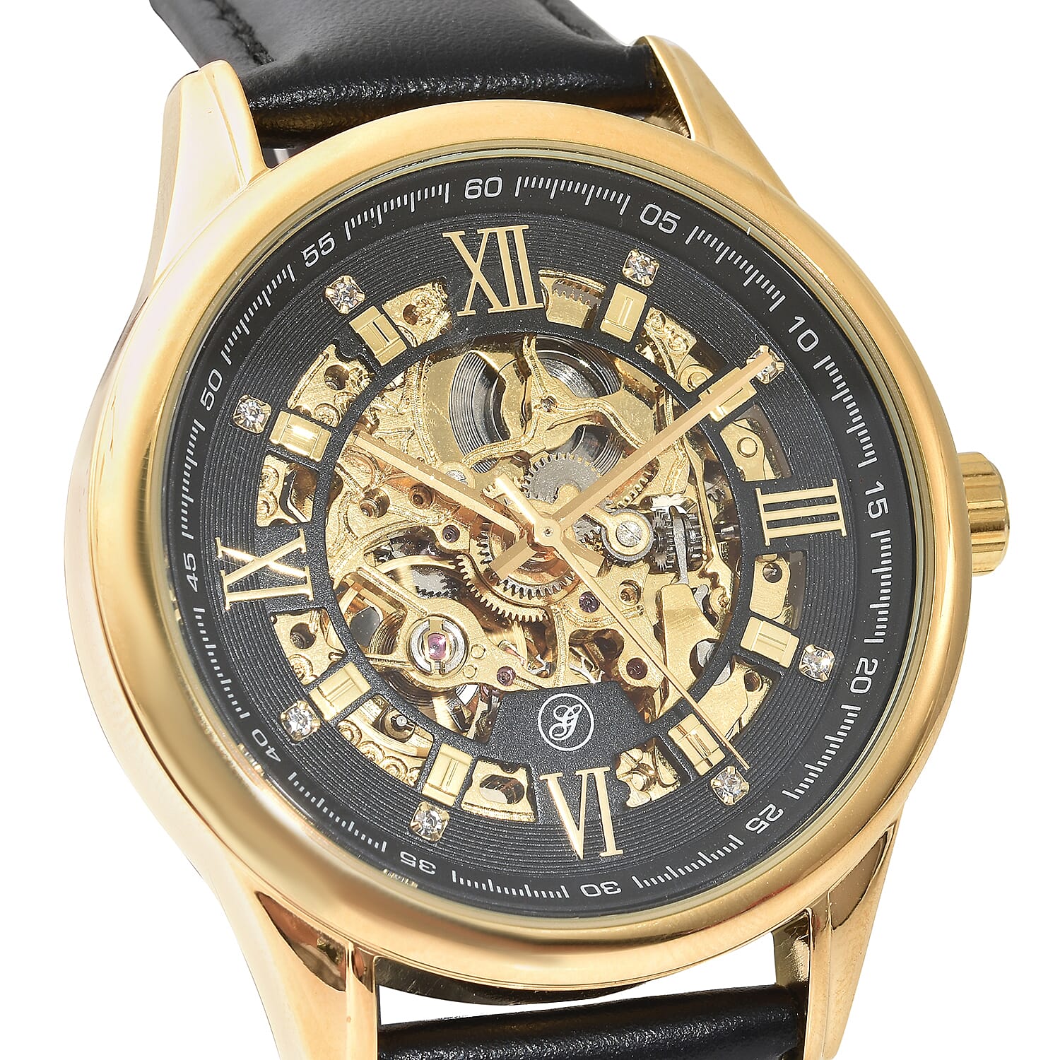 GENOA Automatic Movement Black Dial Yellow Gold Case Crystal Studded 5 ATM Water Resistant Watch with Black Leather Strap 7086848 2