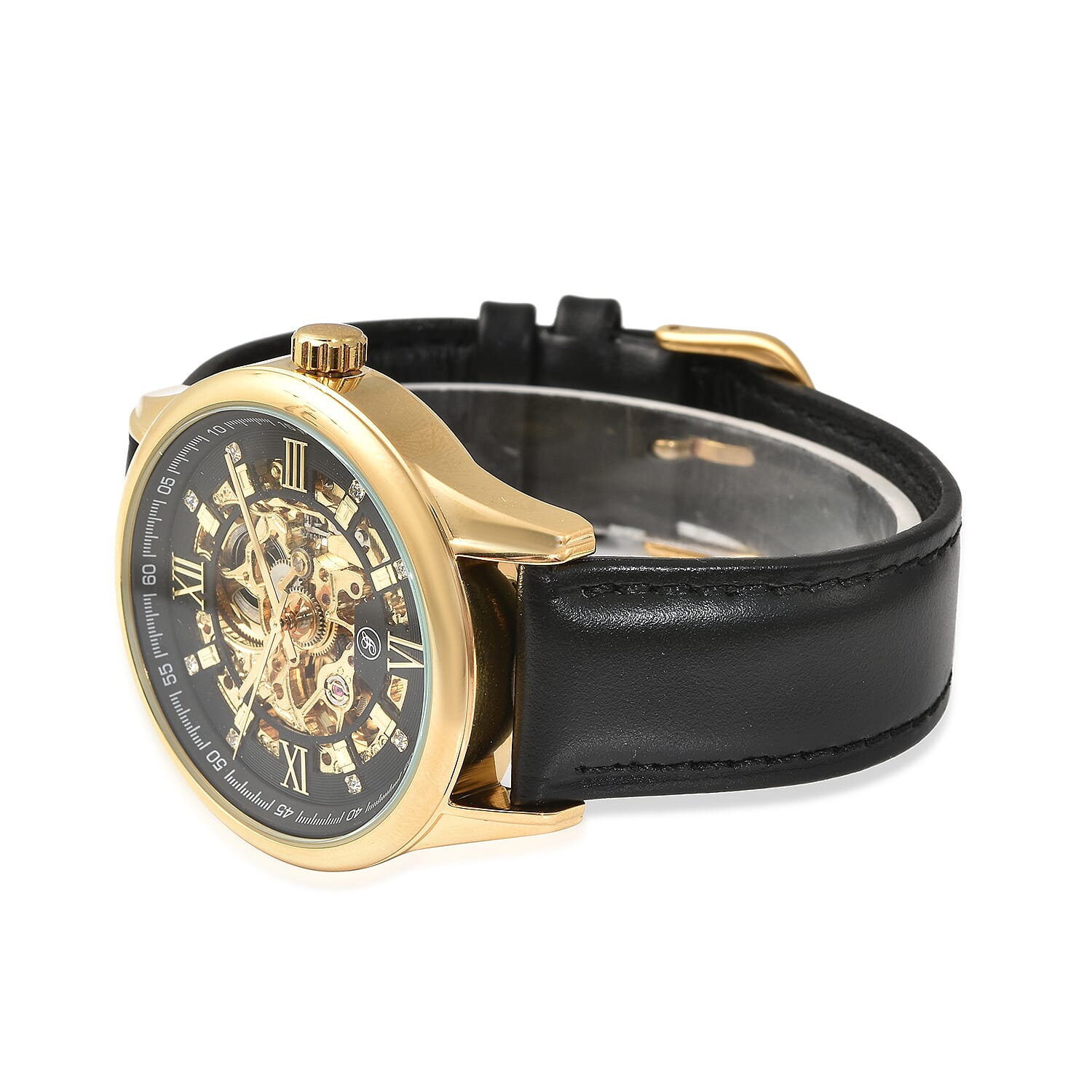 GENOA Automatic Movement Black Dial Yellow Gold Case Crystal Studded 5 ATM Water Resistant Watch with Black Leather Strap 7086848 3