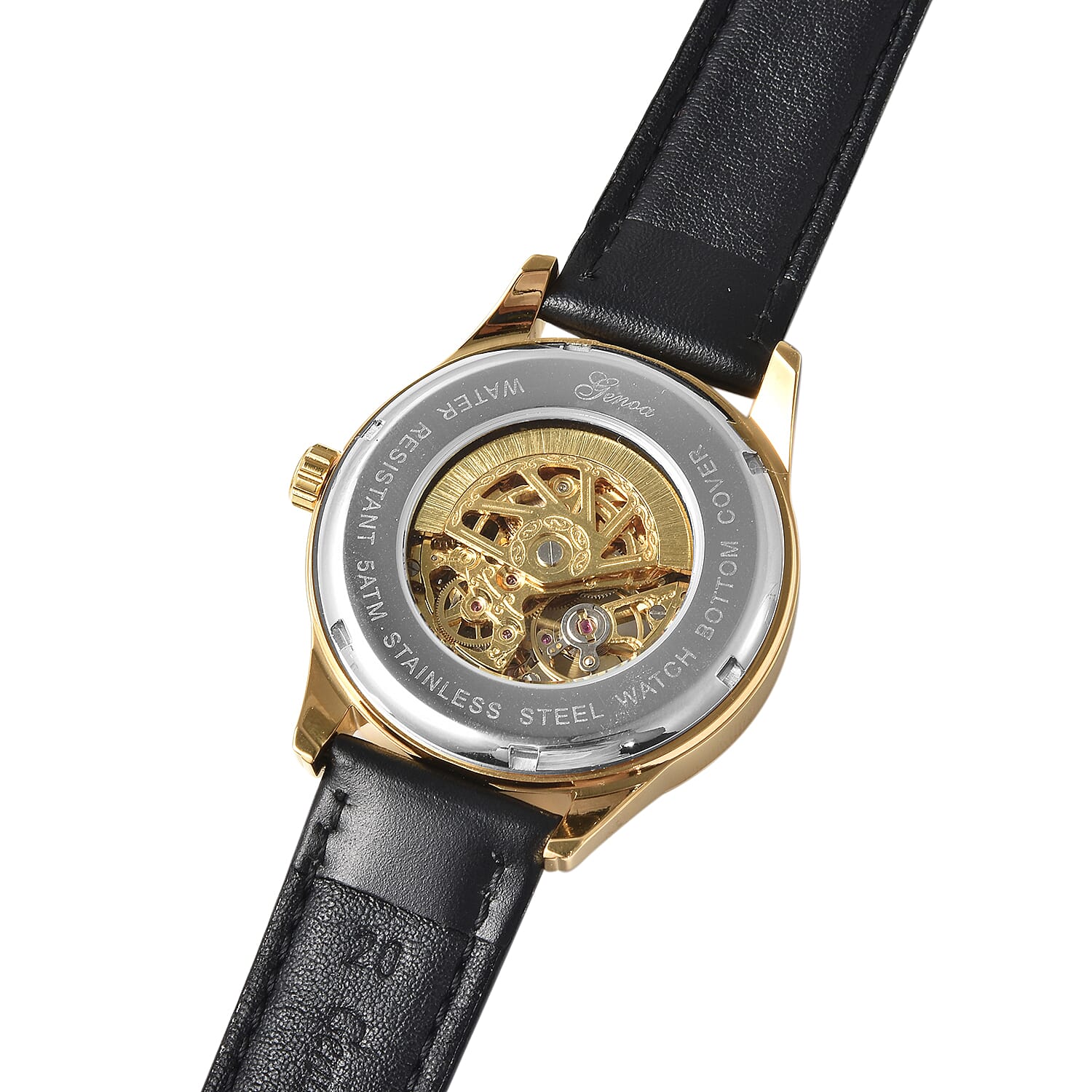 GENOA Automatic Movement Black Dial Yellow Gold Case Crystal Studded 5 ATM Water Resistant Watch with Black Leather Strap 7086848 4