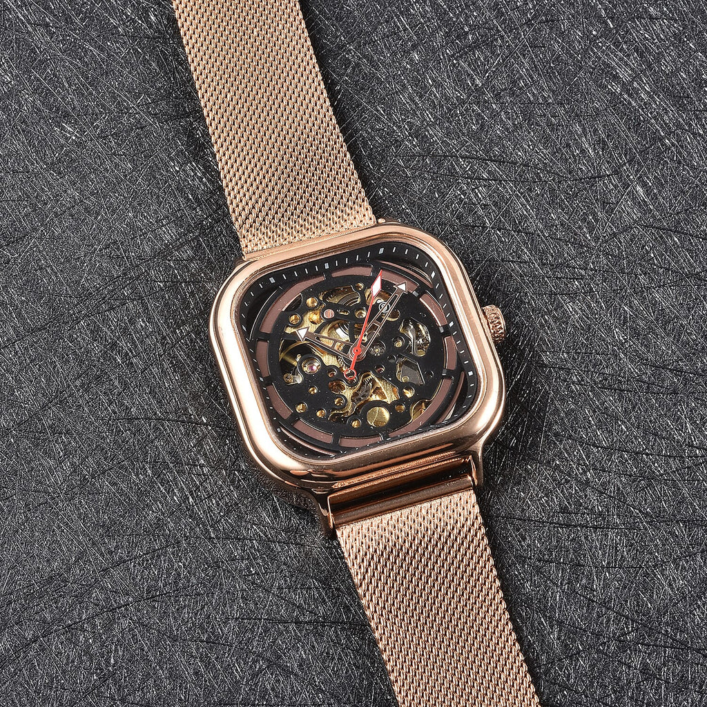 GENOA Automatic Movement Black & Rose Gold Dial 3 ATM Water Resistant Mesh Belt Watch in Rose Gold Tone