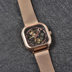 GENOA Automatic Movement Black & Rose Gold Dial 3 ATM Water Resistant Mesh Belt Watch in Rose Gold Tone