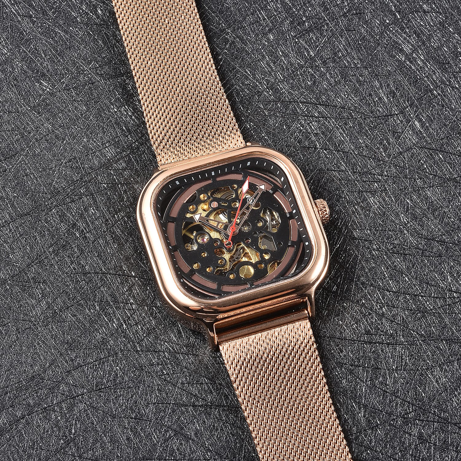 GENOA Automatic Movement Black and Rose Gold Dial 3 ATM Water Resistant Mesh Belt Watch in Rose Gold Tone 6486710 1