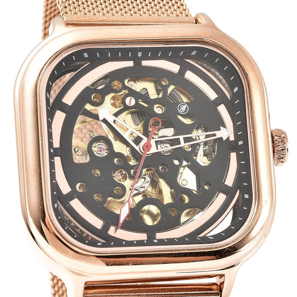 GENOA Automatic Movement Black & Rose Gold Dial 3 ATM Water Resistant Mesh Belt Watch in Rose Gold Tone