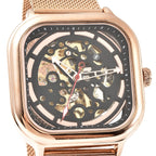 GENOA Automatic Movement Black & Rose Gold Dial 3 ATM Water Resistant Mesh Belt Watch in Rose Gold Tone