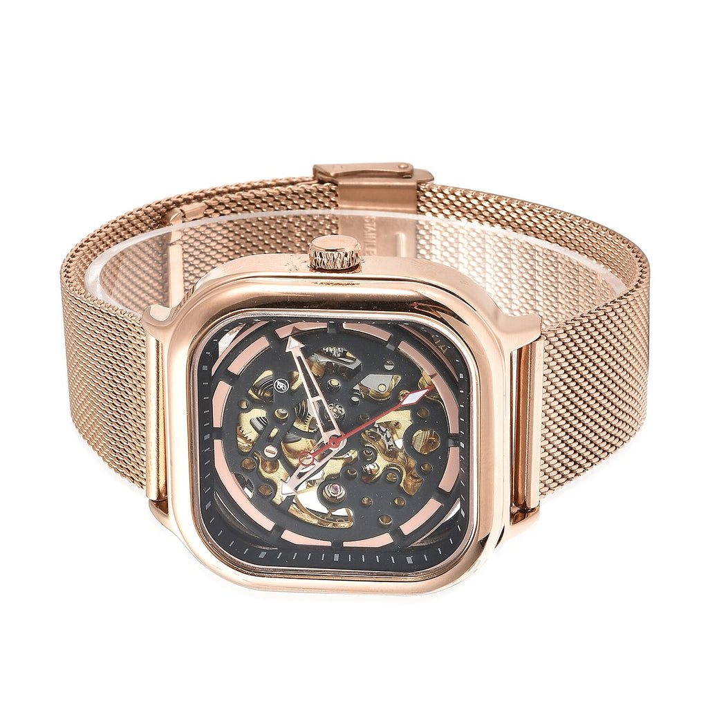 GENOA Automatic Movement Black & Rose Gold Dial 3 ATM Water Resistant Mesh Belt Watch in Rose Gold Tone
