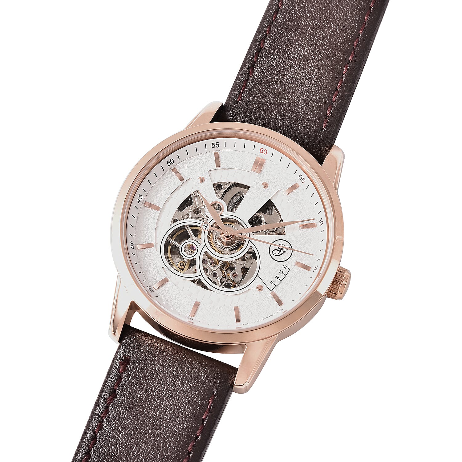 GENOA Classy Mechanical Gold Tone Watch with Brown Leather Strap 6022282 3
