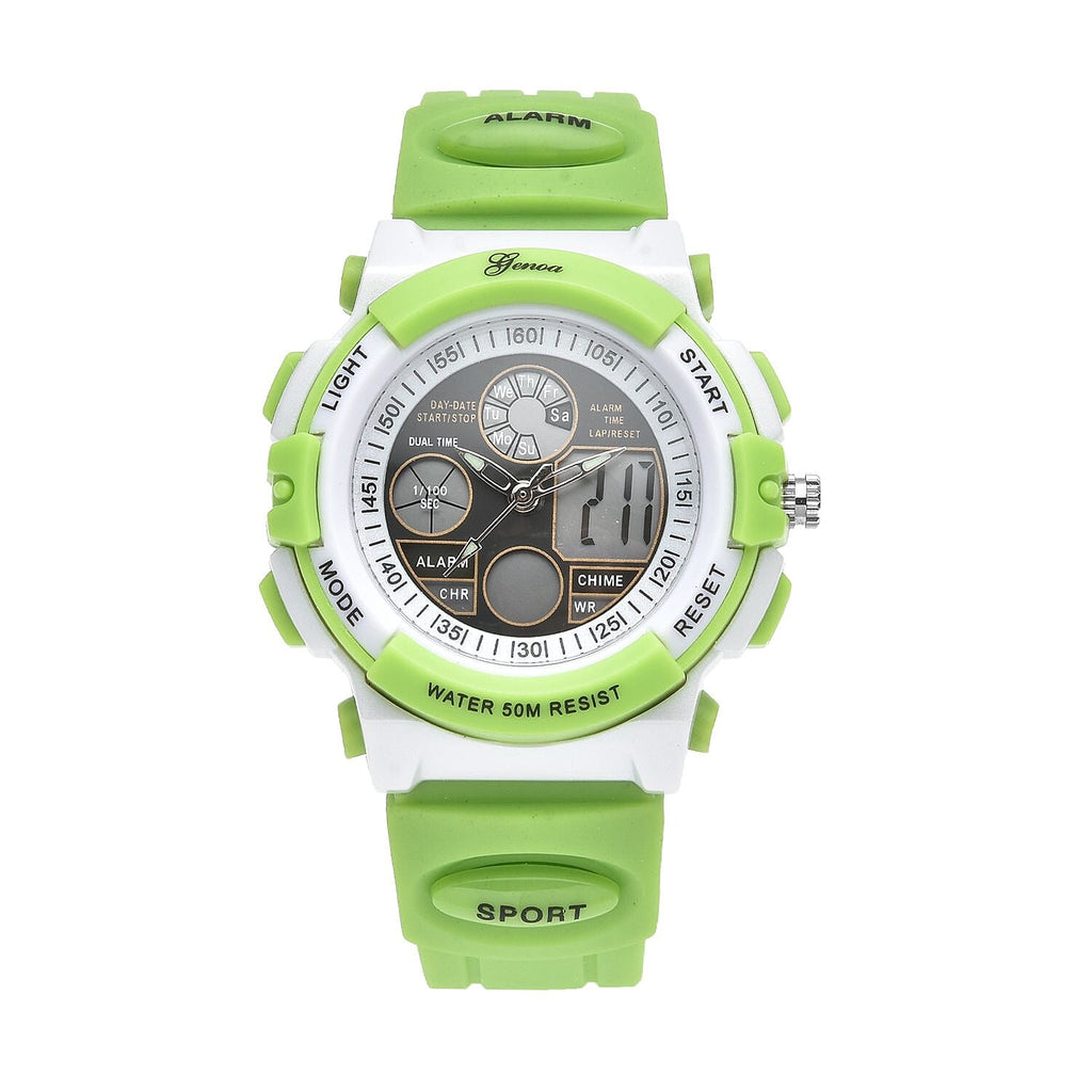 GENOA Japanese Movement and Electronic Movement Black Dial 5 ATM Water Resistant Watch with Green Colour Strap