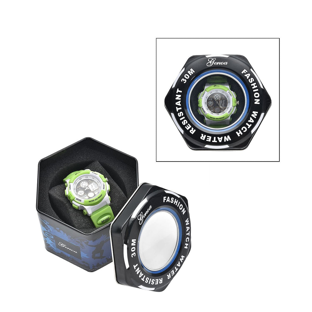 GENOA Japanese Movement and Electronic Movement Black Dial 5 ATM Water Resistant Watch with Green Colour Strap 7329098 8
