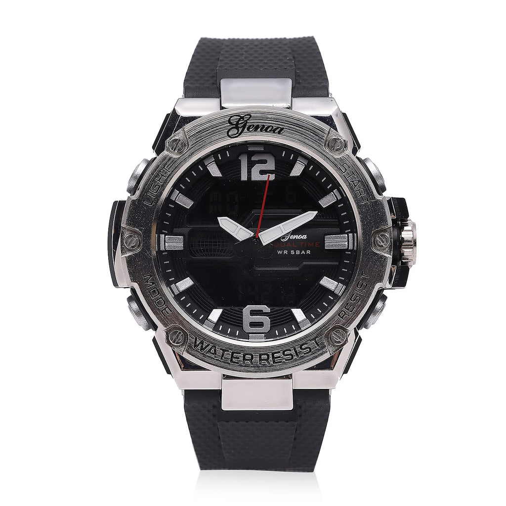 GENOA Japanese and Electronic Movement 5 ATM Water Resistant Watch with Stainless Steel Back and Black TPU Strap - Black