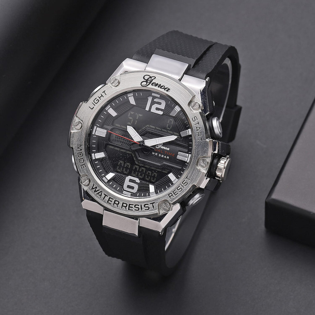 GENOA Japanese and Electronic Movement 5 ATM Water Resistant Watch with Stainless Steel Back and Black Faux Leather Strap - Black 6484785 1