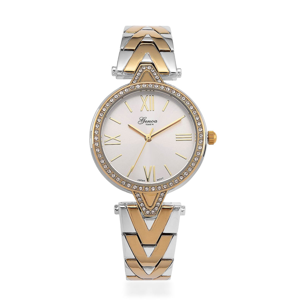 GENOA TIME LIMITED EDITION Japanese Movt. 3ATM Water Resistant Sunray Dial Ladies Watch with Silver and Gold Colour Strap &amp; Case with Austrian White Crystal Accents 8185247 0